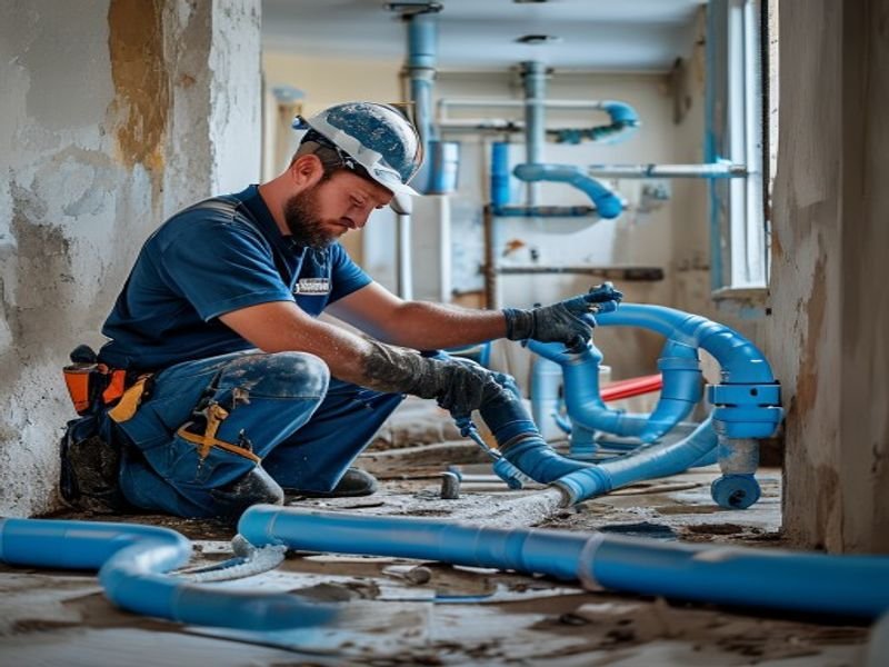 Encanador especializado trabalhando em tubulação